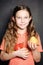 Cheerful Girl holding pears