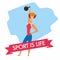 Cheerful girl lifts sports weights. The inscription Sport is life