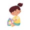 Cheerful Girl Sitting and Playing with Construction Toy Vector Illustration