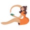 A cheerful girl is sitting, reading a book, energetically leafing through the pages. A woman in a bright orange dress