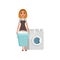 Cheerful girl standing and holding laundry basket near washing machine. Cartoon character of hotel maid in dress and