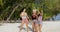 Cheerful Girls Dancing On Beach, Young Women Group Having Fun Together On Holiday