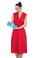 Cheerful glamorous model in red dress holding present
