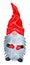 A cheerful gnome in a bright cap and red gloves with a long gray beard