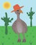 Cheerful goose, vector illustration, in a cowboy hat with cactuses against the background of the sky and the sun