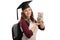 Cheerful graduate student holding a jar filled with money