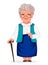Cheerful grandmother stands with walking cane