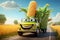 A cheerful green animated truck is carrying corn