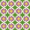 Cheerful green, red, and yellow flower pattern with stylized geometric design and playful floral