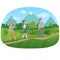 Cheerful group of tourists walking on the road near the mountains vector illustration.