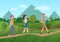 Cheerful group of tourists walking on the road near the mountains vector illustration.