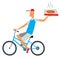 A cheerful guy delivering a pizza is riding a bike