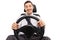 Cheerful guy holding a steering wheel