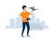 Cheerful guy launches a quadrocopter or drone. Vector illustration