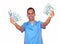 Cheerful guy in nurse uniform holding cash money