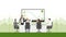 Cheerful hand up of woman boss, staff, colleague and employee in a meeting. Teamwork enjoying a job together by green graph grow