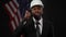 Cheerful handsome African American man in formal suit and hard hat presenting real estate development program showing