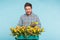 Cheerful handsome man florist with box of tulips on blue background