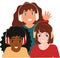 Cheerful, happy children listen to music in headphones. Boy and girls. Vector illustration.