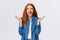 Cheerful, happy and optimistic alluring redhead teenage girl clap hands and laughing from amazement, having fun, enjoy