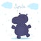 Cheerful hippo in the rain. Printable templates