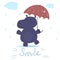 Cheerful hippo in the rain with an umbrella. Printable templates