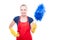 Cheerful housekeeper with dust cleaner