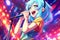 Cheerful idol anime girl, with bright blue hair and a microphone in her hand, singing and dancing on a colorful stage, manga style