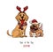 Cheerful illustration, Labrador and bulldog wearing new year clouth, laughs funny, 2018 year of the dog