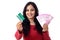 Cheerful Indian woman holdingIndian rupee and credit card