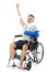 Cheerful injured young man raise his hand