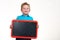 Cheerful Kid with Blank Board Isolated on the White Background