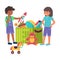 Cheerful kid boy, girl playing toy together, box carton with children plaything flat vector illustration, isolated on