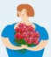 Cheerful kind woman with bouquet of roses. Exciting fat girl wit