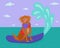 Cheerful labrador dog - surfer on a surfboard, having fun on the sea surrounded by sea waves
