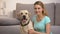 Cheerful labrador retriever dog female owner smiling to camera pet companionship