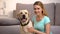 Cheerful labrador retriever dog female owner smiling to camera pet companionship