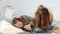 Cheerful ladies fighting with pillows on bed in luxury apartment together.