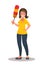 A cheerful lady holds a dust brush. Vector illustration