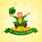 Cheerful Leprechaun Sitting on Gold Coins with Shamrock Leaves Decorated Yellow Background.