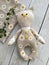 Cheerful linen textile toy cat by handmade, top view and sewing supplies