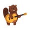 Cheerful little beaver playing on guitar. Cartoon wild animal character with cute muzzle, little ears, shaped tail and