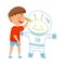 Cheerful Little Boy Drawing Alien with Pencil on the Wall Vector Illustration