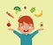 Cheerful Little Boy Enjoying Healthy Foods Vector Cartoon