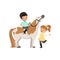 Cheerful little boy jockey sitting on pony horse, beautiful girl standing next to him, childrens equestrian sport vector