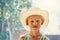 Cheerful little boy in large straw hat in sunny summer park