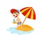 Cheerful little boy putting toy sailboat into water. Summer vacation. Funny kid in cap and swimwear. Flat vector design