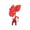 Cheerful little devil dancing and showing his tongue. Red demon character with horns, big ears and tail. Flat vector