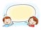 Cheerful little girl and boy pointing on white blank bubble