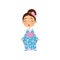 Cheerful little girl with flowers in hair wearing traditional Japanese dress. Child blue kimono with pink belt. Flat